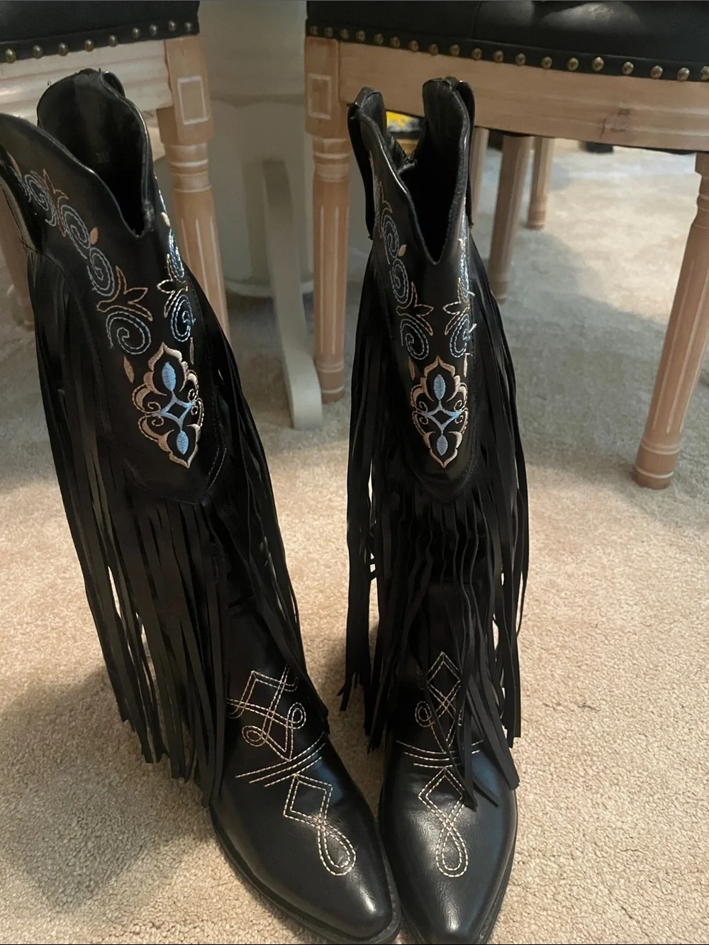 Fringed Embroidered Black Over-the-Knee Boots